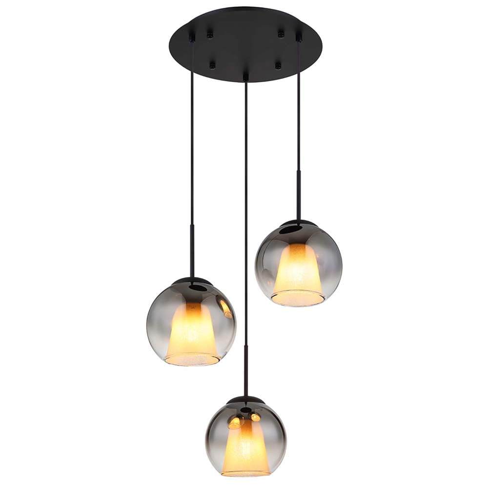GLOBO E27 Pendant Light Dining Room Light Black 3-Bulb Glass Balls Smoke