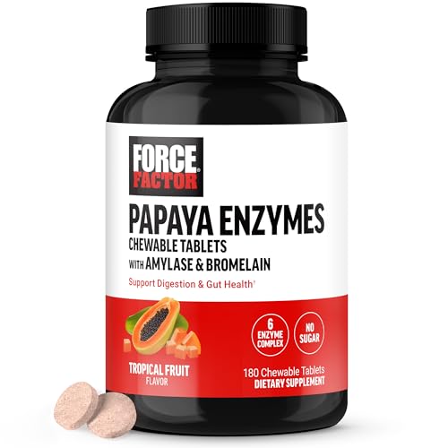 Image of Force Factor Papaya Enzymes Complex, Digestion Supplement and Bloating Relief with Amylase and Bromelain, Support Healthy Digestion, Sugar Free, Non-GMO, Tropical Fruit Flavor, 180 Chewable Tablets