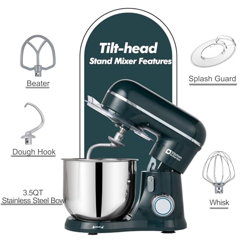 Image of Kitchen in the Box Stand Mixer, 3.5 QT Small Kitchen Electric Stand Mixers, 10-Speed Portable Lightweight Dough Mixer for Daily Use with Egg Whisk, Dough Hook, Beater (Dark Green)