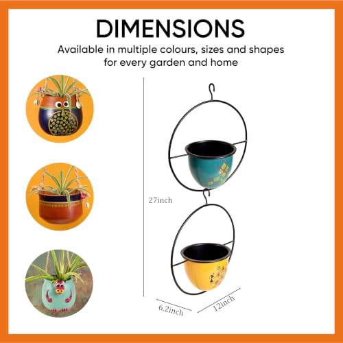 Image of AAKRITI ART CREATIONS Metal Hanging Planters Set of 2 | Handpainted Planter, Modern Art, Multicolor Glossy Finish | Outdoor & Indoor Home Decor Items | Room Decoration Artifacts, Flower Pots for Room