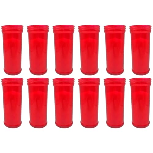 Tradineur - Pack de 12 velas de santo, velones litúrgicos de parafina y cera vegetal, decoración de iglesias, cementerios, tumbas (Rojo, 13,5 cm)