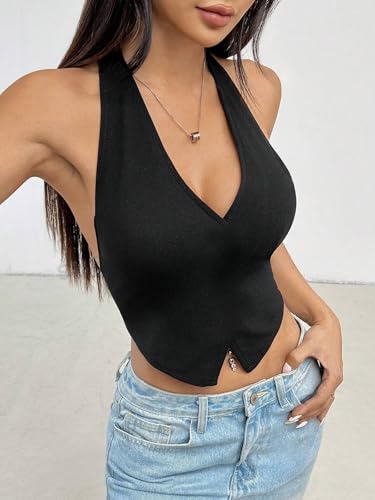 Image of TIVANTE Solid Casual V-Neck Sleeveless Regular Fit Crop Top for Women | Stylish Western Women Crop Top for Summer|