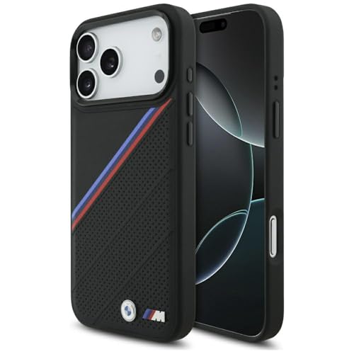Image of CG MOBILE BMW [Official Licensed] Protective Case Designed for iPhone 17 Pro Max |Magnetic Compatible|M Collection|Pu Leather Tricolor Slanted Stripes & Metal Logos -Black
