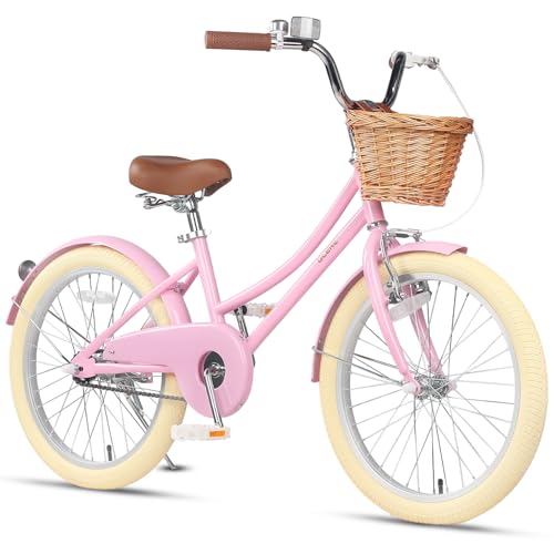 Glerc Little Molly 20 Inch Kids Bike, Retro Cruiser Girls Bike for Children Ages 7-13 Years Old, ‎Kids Bicycle with Wicker Basket & Kickstand, Pink