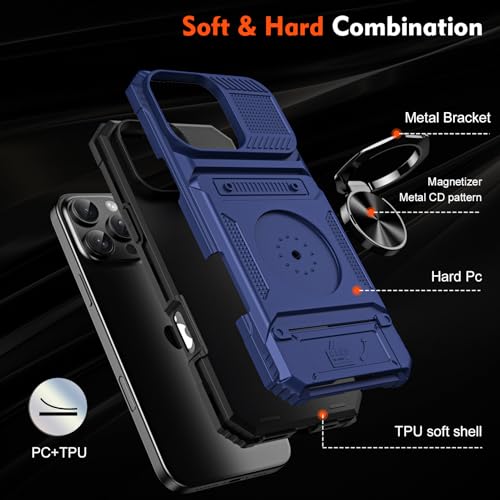 Coque pour iPhone 16 Pro Max antichoc béquille anneau magnétique bleu