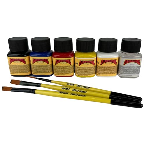 Alpha 6 Pinstriping/Lettering Pack - 5 Vibrant Colors with Alphasol Reducer & Professional Brush Trio, 1 oz Each - Perfect for Precision Lettering and Pinstriping
