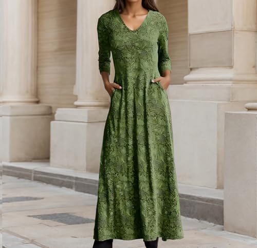 Women Boho Floral Print Long Sleeve Dress Spring V Neck Swing Maxi Dress Casual Loose Flowy Beach Dress with Pocket2