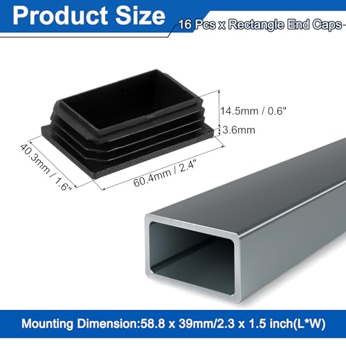 Image of uxcell 16 Pcs Rectangle Tubing End Caps 2 3 /8 x 1 19 /32 Inch Plastic Hole Plugs Insert End Cap for Metal Tubing Post Chair Leg Table Bookshelves Furniture, Black