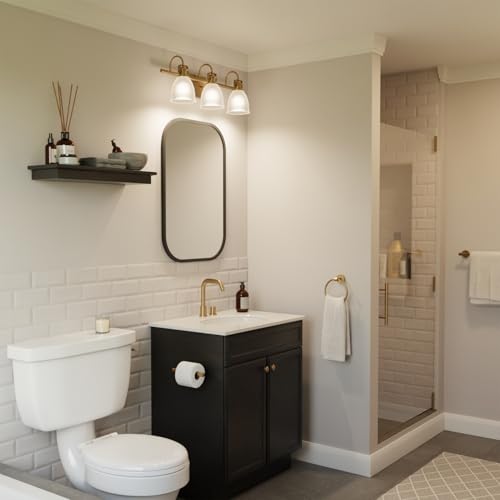 Image of Globe Electric 4-Piece All-in-One Bathroom Set, Matte Brass, 3-Light Vanity Light with Frosted Opal Glass Shades, Towel Bar, Toilet Paper Holder, Towel Ring