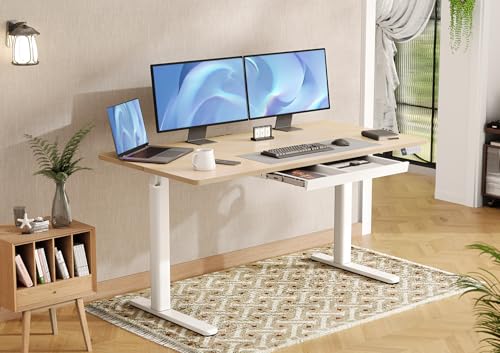 Image of Claiks Electric Standing Desk with Drawers, 55x24 Inch Natural