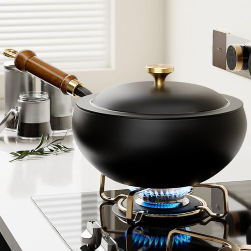 Sartén Wok de hierro fundido con tapa y mango de madera miniatura 2
