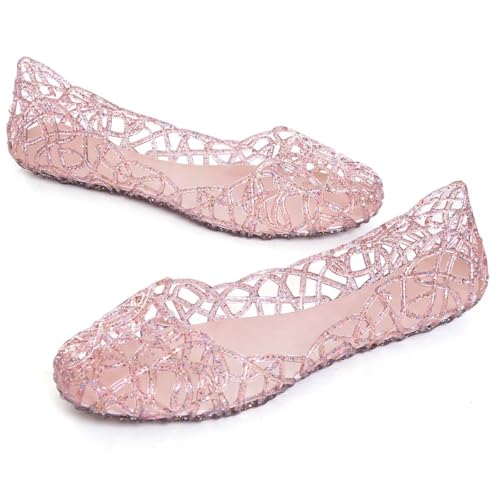 Image of Stunner Women Beach Jelly Shoes Slip On Crystal Summer Hollow Ballet Flats | Summer Cool PVC Breathable Outdoor Indoor Dressy Flat Sandals for Holiday Shopping Spa Swimming Pool