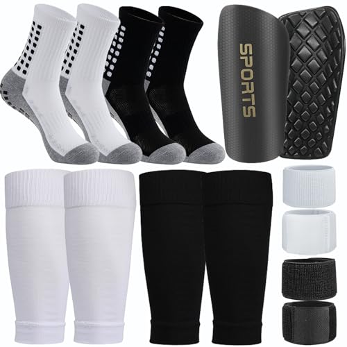 2 Pair Kids Grip Soccer Socks and 2 Pair Shin Guard Sleeves,1 Pack Shin Guards and 4 Shin Straps for Soccer Football Sports