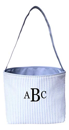 SONA G DESIGNS Seersucker Medium Fabric Easter Basket Bucket Tote Bag (Blue - Monogram)
