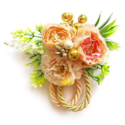 Image of ADIKALA Handmade Artificial Big Peonies 3 Flower Bunch for Trousseau Packing, Ready to use Flower Brooch Hamper for Decoration, Gift Wrapping Flowers (6, Peach)