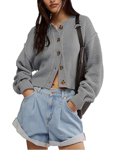 Image of Women's Oversized Cropped Cardigan Sweater Open Front Long Sleeve Button Down Knit Outwear