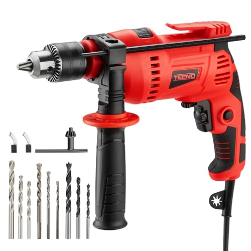 TEENO Taladro Percutor Eléctrico 0-3000 RPM, Taladro Percutor con Cable 750W, Mango Giratorio de 360°, Velocidad Variable, Portabrocas de 13mm,9 Accesorios, Ladrillo, Madera, Acero, Caja de Color