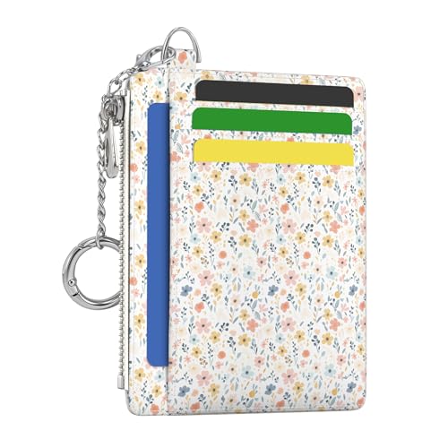 Image of Hancynir White Floral Flower Small Wallet Women Credit Card Holder, Cute Slim RFID Blocking Keychain Card Wallets, Mini Front Pocket PU Leather Travel Zipper Coin Cash Ladies Wallet Organizer Gifts