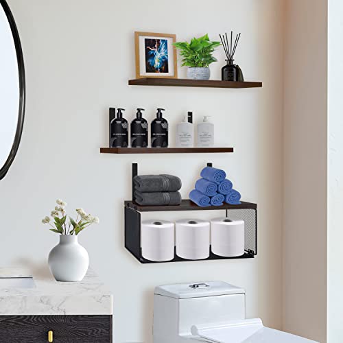 Giotorent Floating Shelves Wall Mounted Set Of 3, Wood Bathroom Shelves Over Toilet With Paper Storage Basket,Wood Wall Shelves For Wall Decor, Bathroom, Bedroom, Living Room,Rustic Brown #TOP3