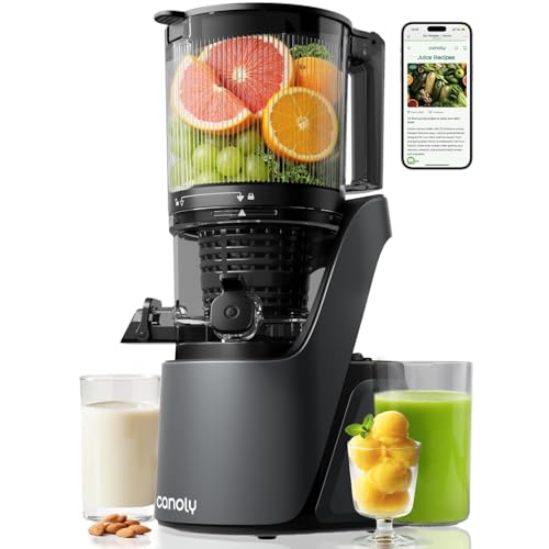 Canoly C16 Cold Press Juicer 150mm & 2.6L Extra Big Feed Chute 3-lN-1 Strainers (Juice &Sorbet & Nut Milk) Powerul AC Brushless Motor Self Precut System Juicer Machines Space Gray