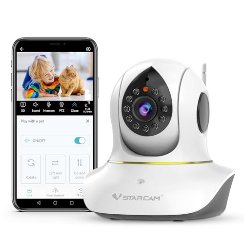 VSTARCAM 2K Überwachungskamera Innen, Interaktive Kamera für Hunde und Katzen mit Handy-App, 360° Linsenschwenkung und Neigung,...