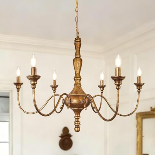 Cunfash 6-Light Farmhouse Chandelier for Dining Room, Antique Gold Rustic Chandelier, Adjustable Vintage Hanging Light Fixture for Bedroom, Kitchen, Living Room, Entryway, Foyer