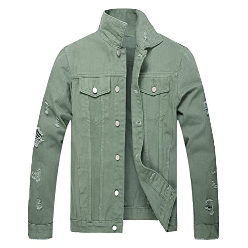 Image of LZLER Men's Denim Jackets Distressed Destroyed Classic Vintage Slim Fit Ripped Fashion Trendy Trucker Jean Jackets