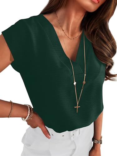 ANRABESS Women Tops Cap Sleeve Textured Dressy Casual V Neck Shirts 2025 Summer Business Work Blouses Outfits Dark Green X-Large