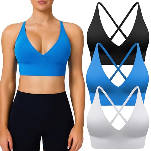 Image of BLUELILY Adjustable Deep V Neck Bras 3 /5 Pack Sports Bras for Women Padded Seamless Spaghetti Strap Criss Cross Yoga Bras