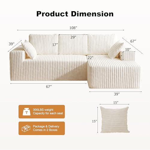 Image of Modular Sectional Sofa Couches L-Shape Couch 3 Seat Modular Sofa Memory Foam Sectional Couches for Living Room (White, 108 inch+Right Chaise)