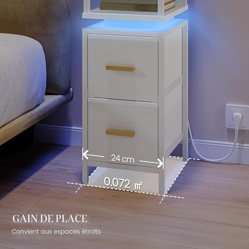 Table de chevet éclairée 2 tiroirs HEXCELEN petite table de nuit blanche USB