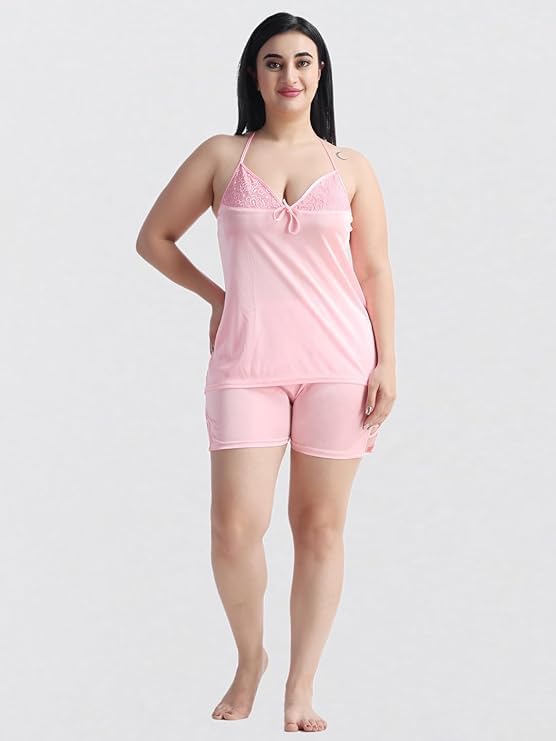 Image of Satin 6 Piece Nightwear Set, Coral Pink Lace Trim Sleepwear with Robe, Nighty, Top, Shorts, Lingerie Set for Women, Summer Collection-Mehndi Green.