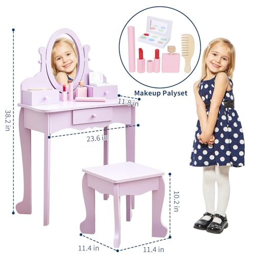 GarveeHome Girls' Vanity Set with Mirror, Makeup Table and Stool for Kids, Wood Dressup Playset for 4-9, Purple
