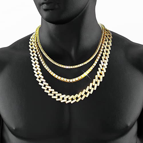 Hh Bling Empire Gold Tennis And Cuban Link Chain For Men,Iced Out Mens Diamond Cuban Chain Necklace Sets,Hip Hop Rapper Jewelry Chains-3 Pcs 18/20/24 Inch (Set D-Gold) #TOP3