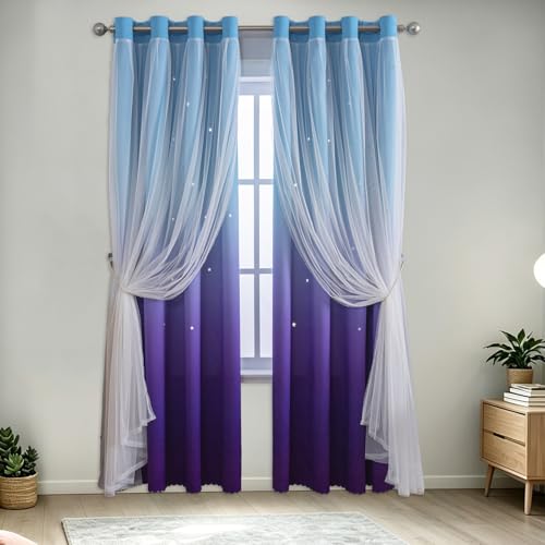 Image of indistar Dreamy Star Cutout Blackout Curtains with White Sheer,Double Layer Curtains for Girls Bedroom, Hollow Out Drapes for Nursery (2 Panel,52Wx84L,Blue Purple)