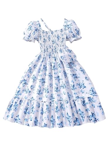 Floerns Girl's Floral A Line Midi Ruffle Dresses Square Neck Puff Sleeve Dress with a Bag