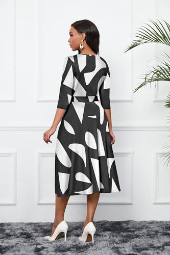 Image of CLOCOR Midi Dresses for Women Casual A-Line Fit and Flare Dress Crewneck 3 /4 Sleeve Keyhole Cocktail Party Church Dress
