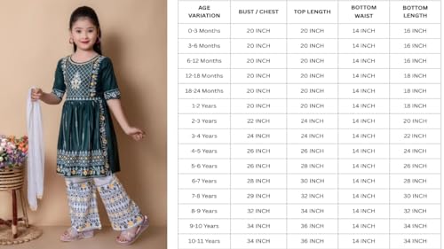 Image of Girls Traditional Embroidered Kurta Palazzo Set, Green and White, Floral Design, Half Sleeves