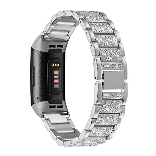 SHANGPULE Bling Bands Compatible with Fitbit Charge 4 / Charge 3 / Charge 3 SE bands, Replacement Strap with Rhinestone Bracelet Wrist Band Accessories Women Man Large Small(Silver)
