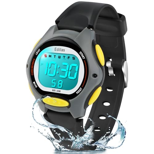 Edillas Relojes Niñas Niños Digitales,7 Colores Reloj Infantil de Pulsera LED Niños Deportes Impermeables Multifuncionales para Exteriores con Cronómetro/Alarma(Negro)