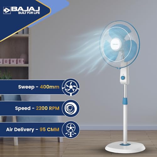 Image of Bajaj Shield Series Robusto High Speed 400mm Pedestal Fan for Home | DuraStorm Technology | Surge Protection | 100% Copper Motor | High Air Delivery | 3 Years Warranty 【Blue & White】