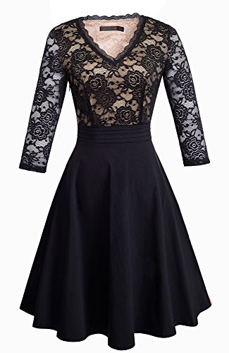 HOMEYEE Women's Chic V-Neck Lace Patchwork Flare Party Dress A062 (6, Black)