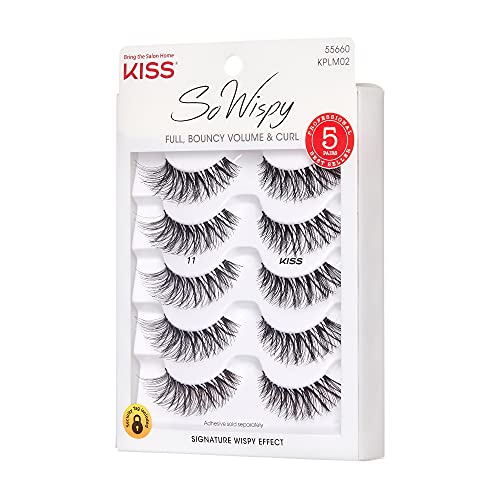 Kiss So Wispy False Eyelashes Multipack #11, Full Bouncy Volume & Curl, Signature Wispy Effect, Quality Synthetic, Crisscross Pattern, Cruelty Free, Reusable And Contact Lens Friendly, 5 Pairs #TOP1