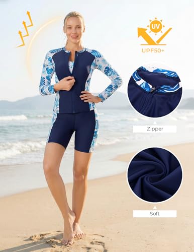 Image of JACK SMITH Women's 3 Piece Long Sleeve Rash Guard Swimsuits Zip Front Bathing Suit Tankini Swimsuits UPF 50