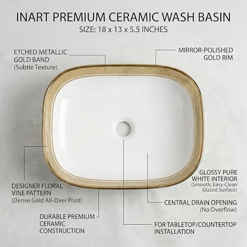 Image of InArt Tabletop Ceramic Wash Basin /Sink in White-Gold Color Bathroom
