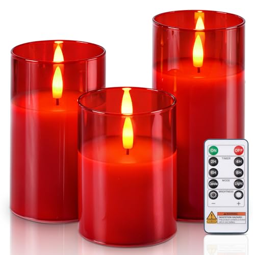 Homemory Red Glass Flameless Candles, Battery Operated LED Pillar Candles with Remote Control and Timer, Radiance Candles, Real Wax, Set of 3,D3 xH4 5