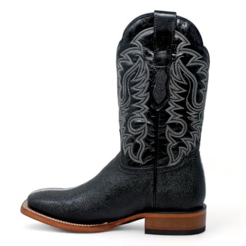 Men’s Genuine Leather Stingray Rowstone Print Square Toe Black Cowboy Western Boots3