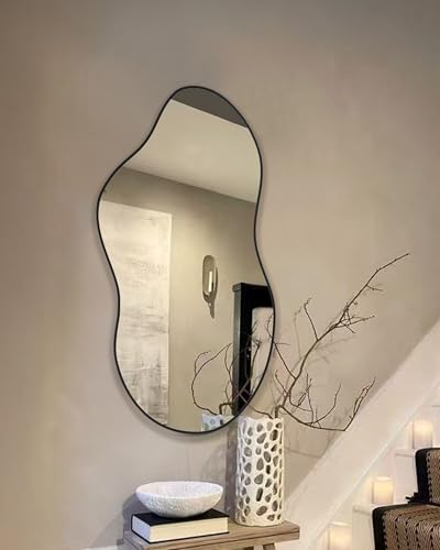 Image of Black Asymmetrical Wall Mirrors Irregular 20x36 Inch Abstract Mirror | Wall Mirrors Decorative Orangic Modern Cloud Mirror for Bathroom Bedroom Living Room Entryway Hallway