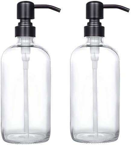 2 Pack Thick Clear Glass Pint Jar Soap Dispenser with Matte Black Stainless Steel Pump, 16ounce Clear Boston Round Bottles Dispenser with Rustproof Pump for Essential Oil, Lotion Soap
