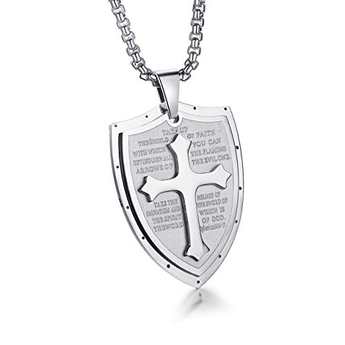 Rehoboth Mens Stainless Steel Shield Armor of God Cross Pendant Necklace Bible Verse Ephesians 6:16-17 Chain 24" for Women Men Black Silver2